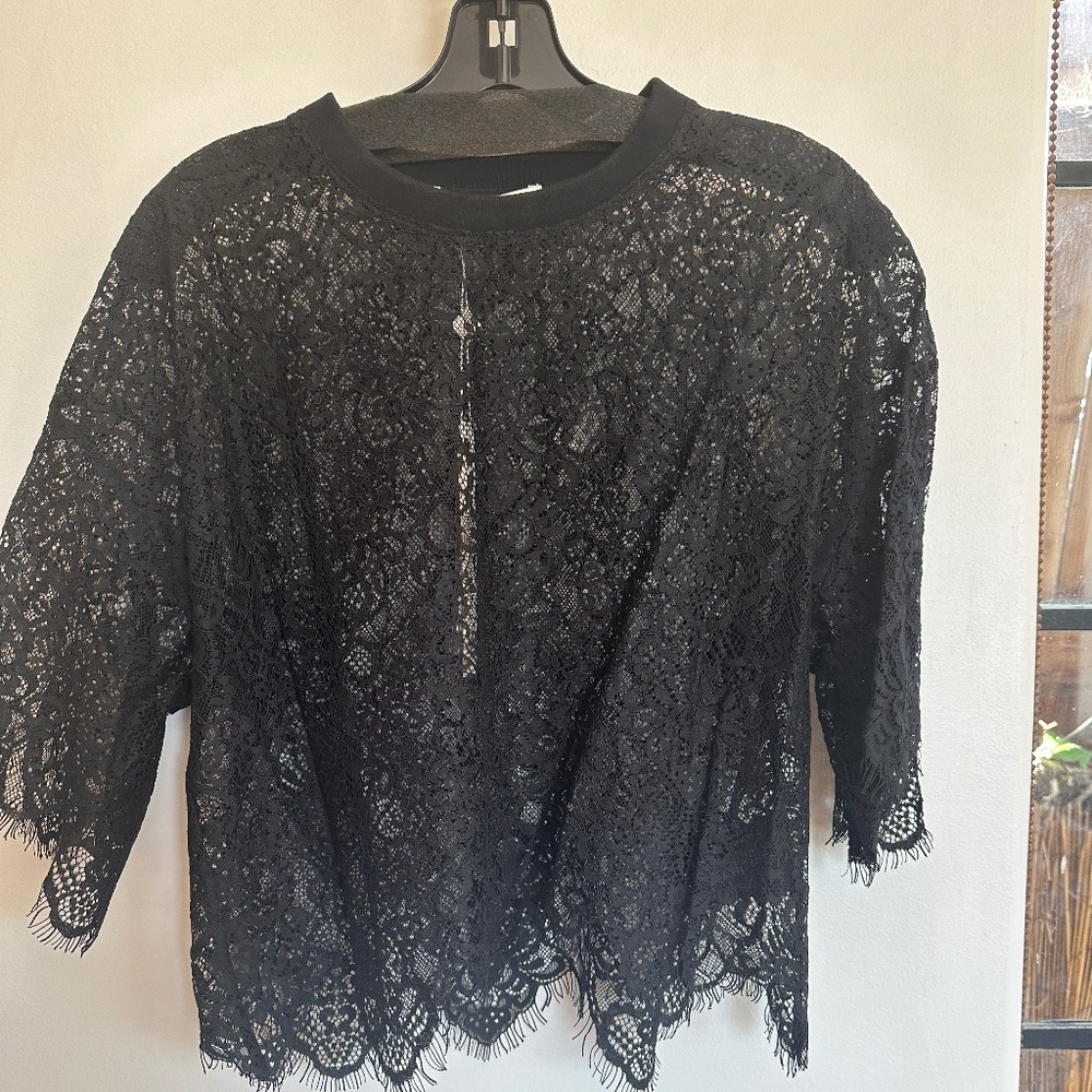 Jonathan Simkhai black cropped sheer lace tee in size L with scallop hem